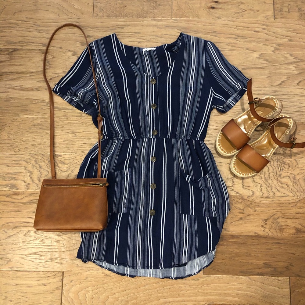 Navy/White Striped Dress - Size Large